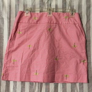 "J Crew", size 4, Pink and white checkered with green embroidered dragon flies